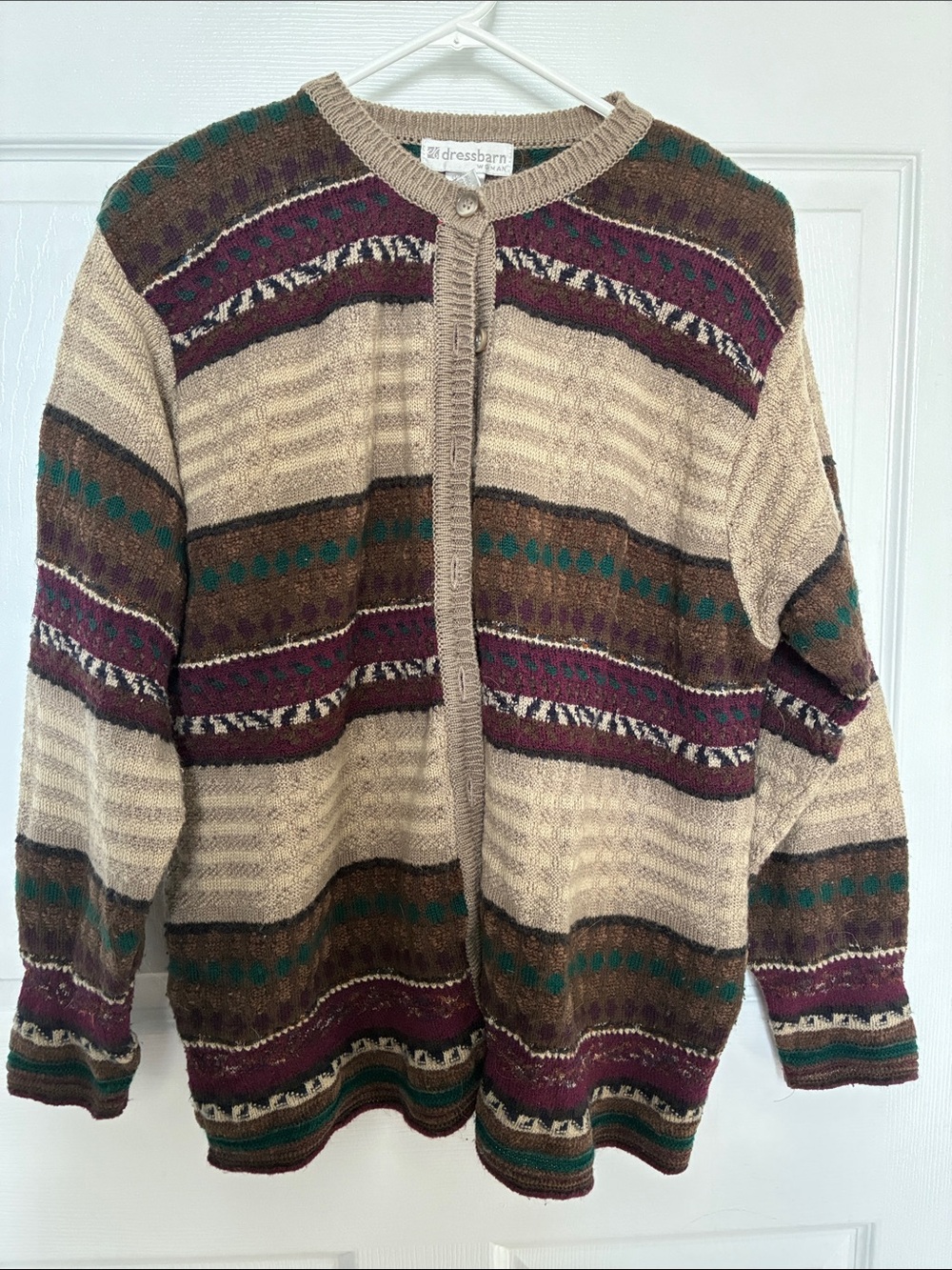 dressbarn Beige Cardigan with Burgundy, Green and Brown Stripes
